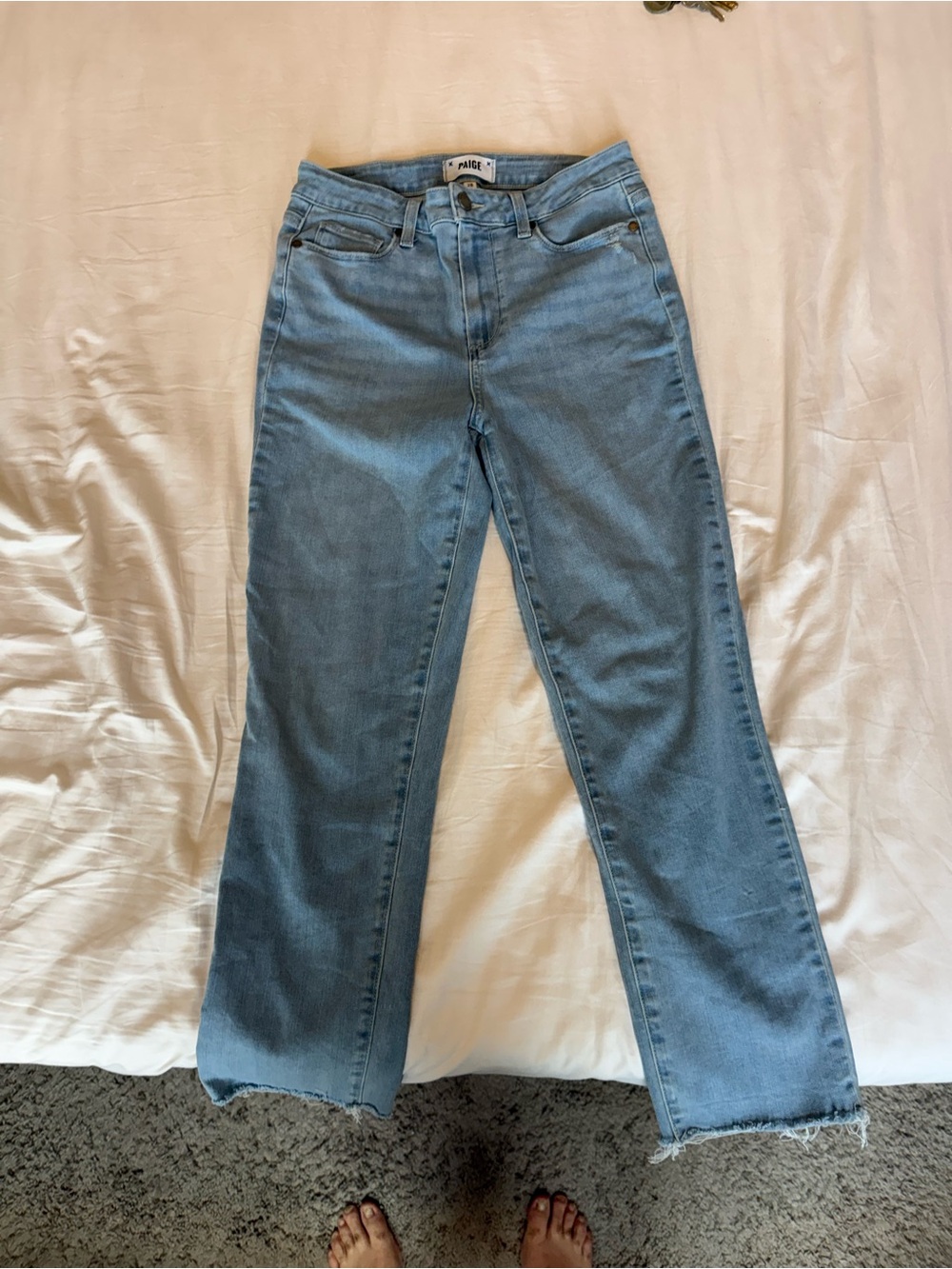 PAIGE Light Blue Wide-Leg High-Rise Jeans with Raw Hem